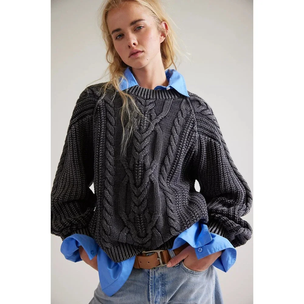 FREE PEOPLE Frankie Cable Knit Size L Black Sweater Fisherman Coastal Cabincore
